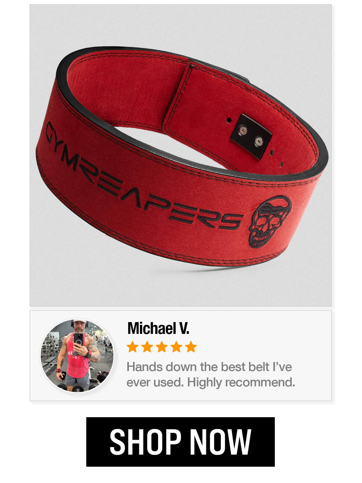 A red Gymreapers lever belt displayed alongside a 5-star customer review, highlighting its quality and performance.