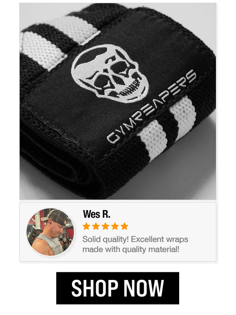 Close-up image of Gymreapers wrist wrap along with a verified 5-star customer review