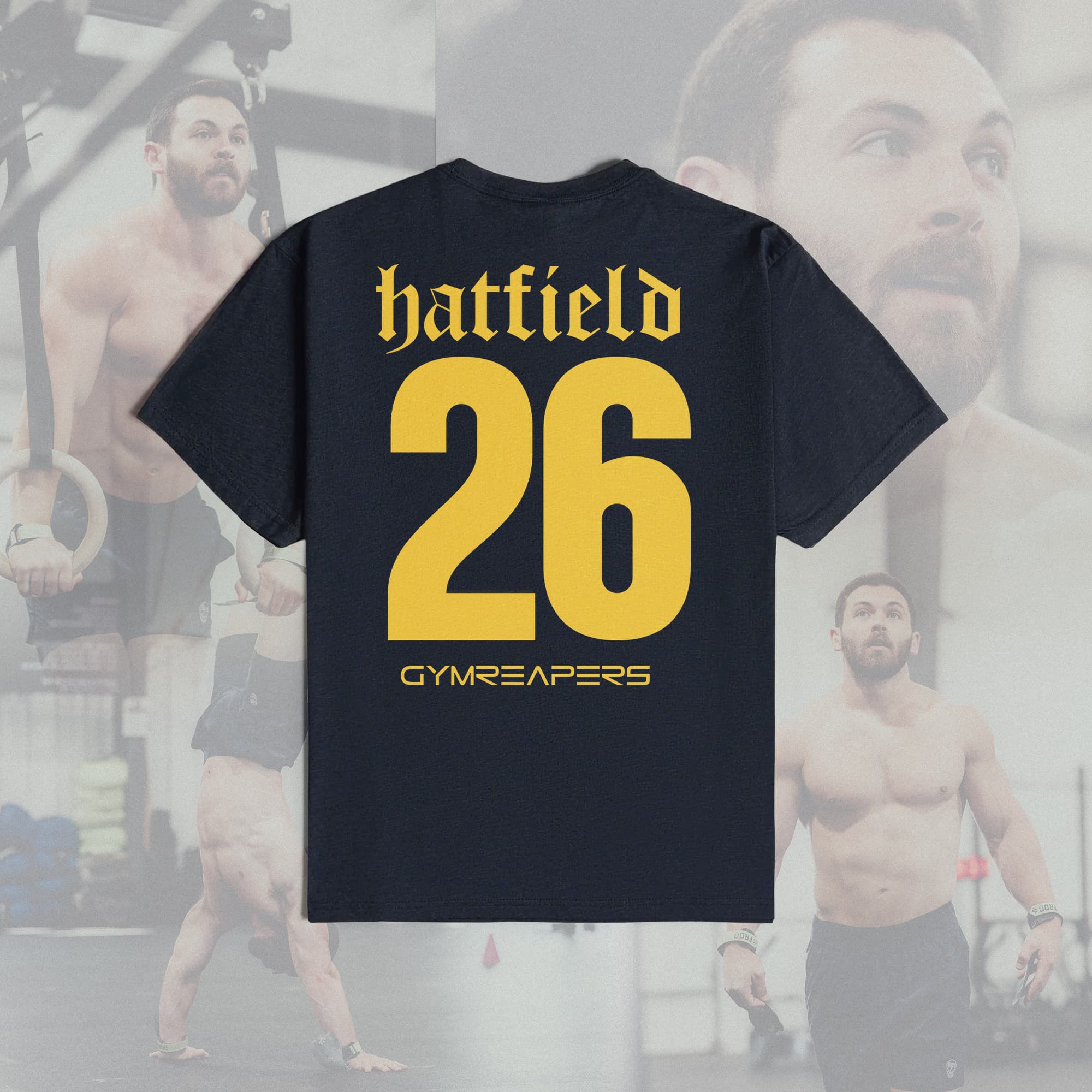 Back view of the navy Hatfield Tee with yellow 
