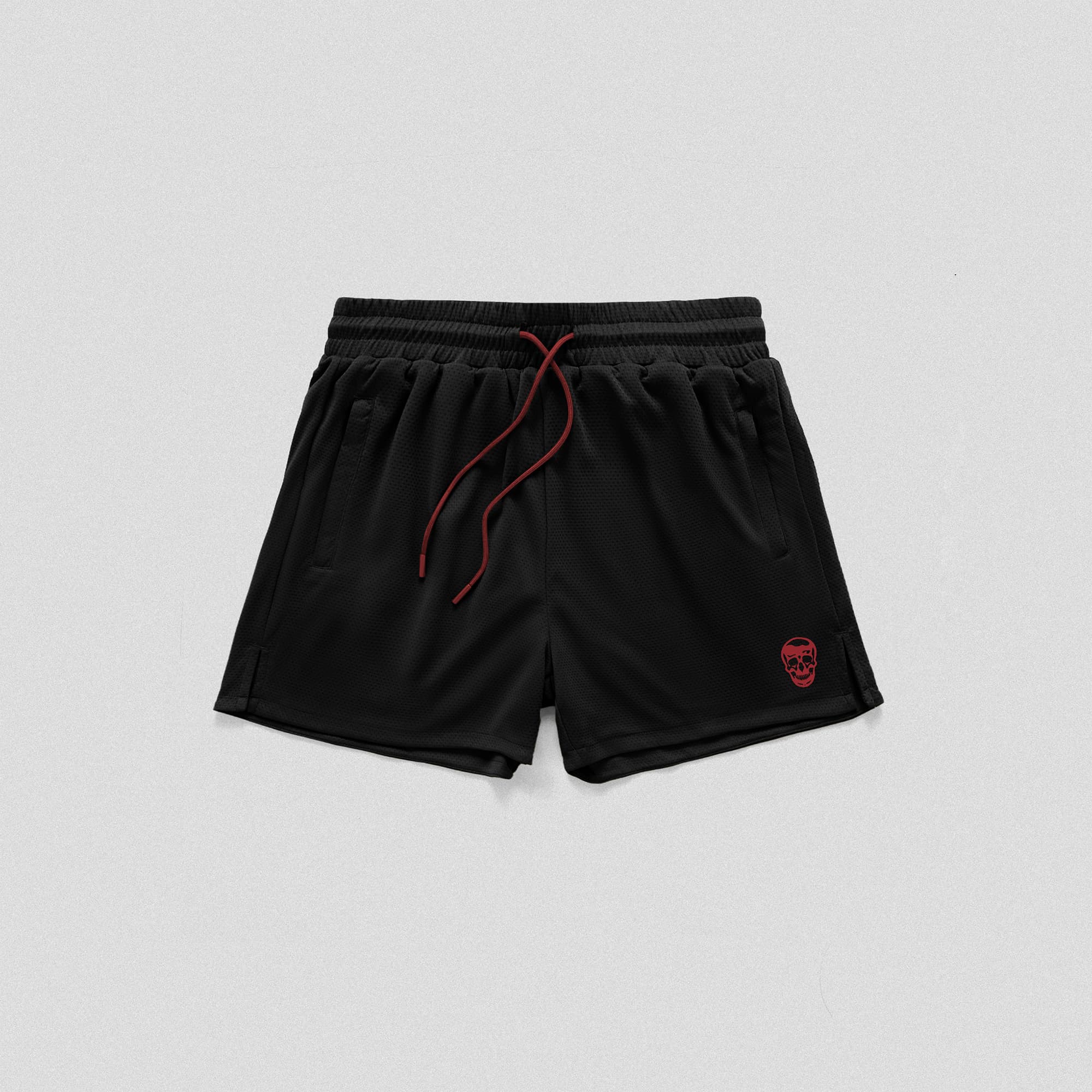 Black/Red Core Skull Mesh Training Shorts lay flat front side