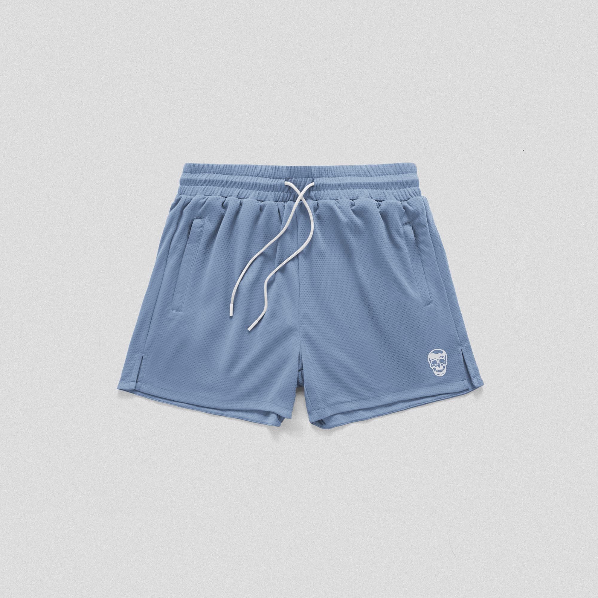 Pale Blue Core Skull Mesh Training Shorts lay flat front view