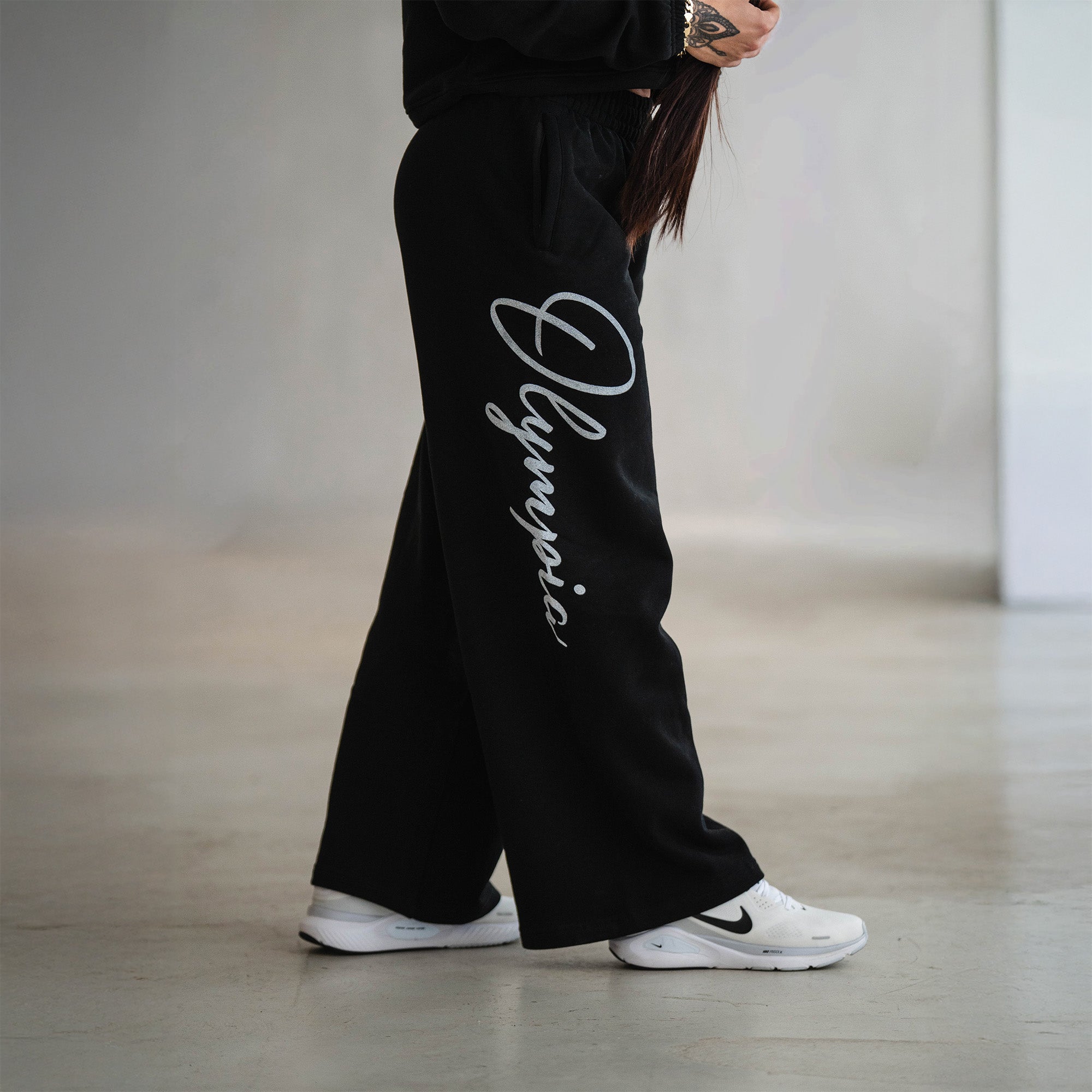 Olympia Script Wide Leg Jogger side view showcasing graphic