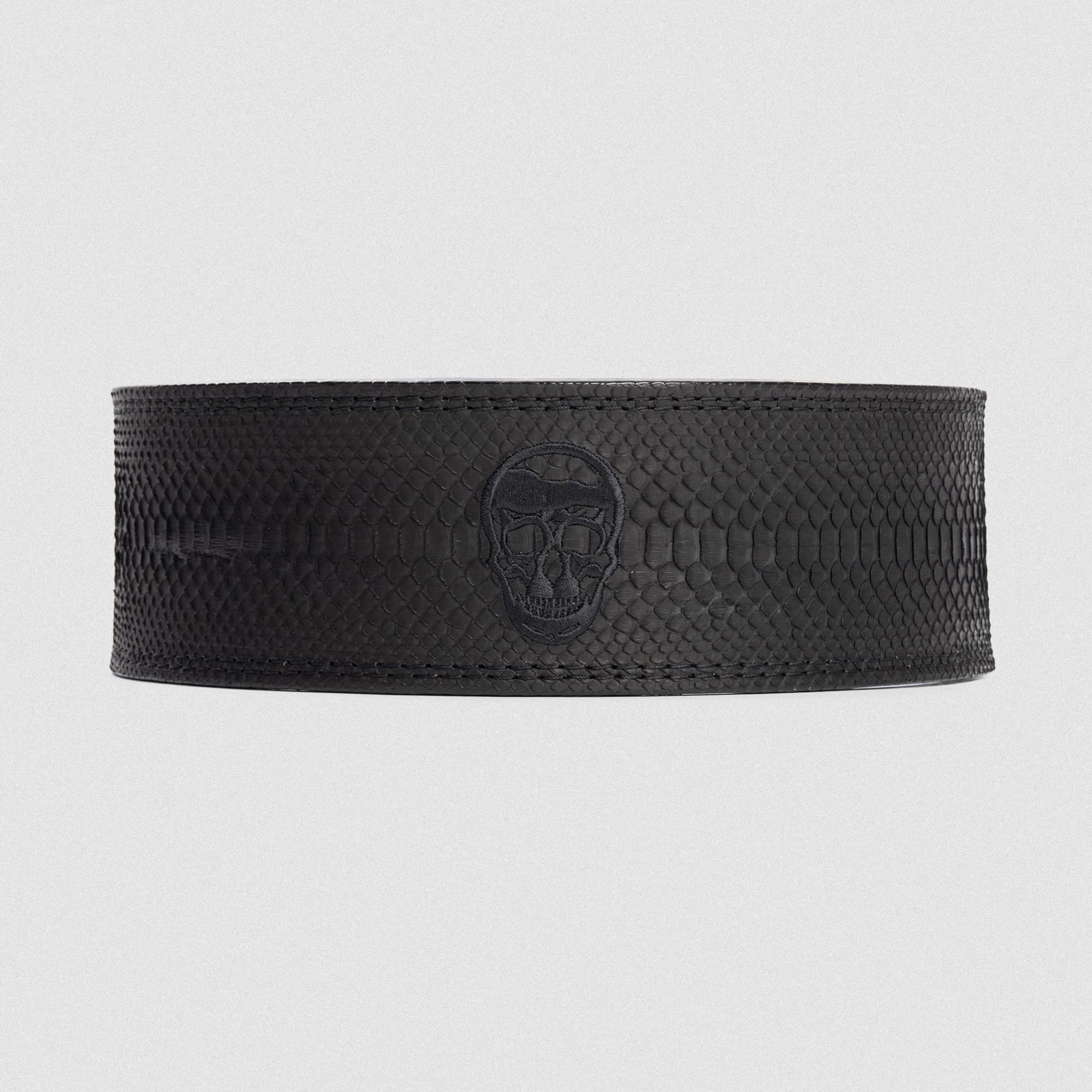 onyx python lever belt flat lay of back side